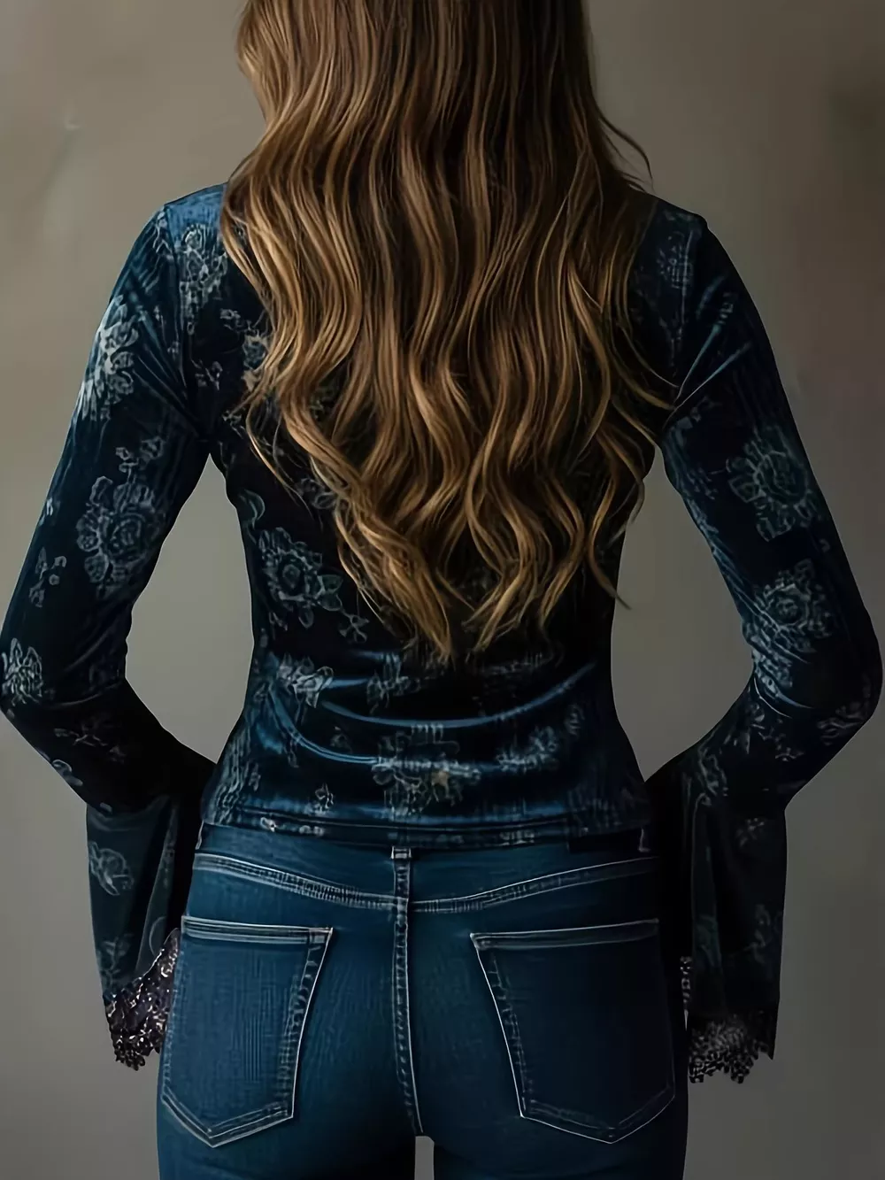 Lace Trim Flare Sleeves Blouse, image 4