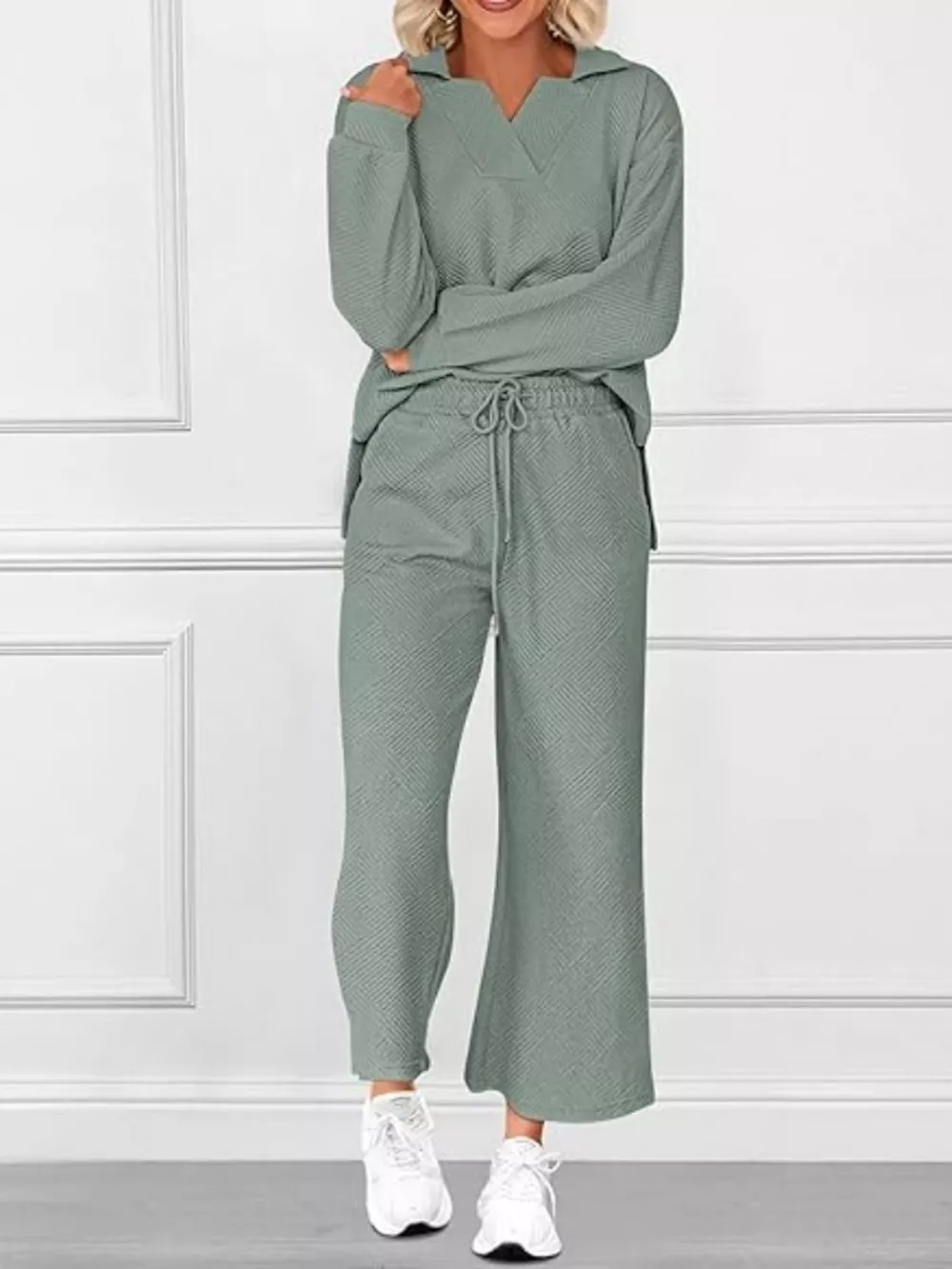Side Slit Textured Top and Drawstring Pants Set, image 4