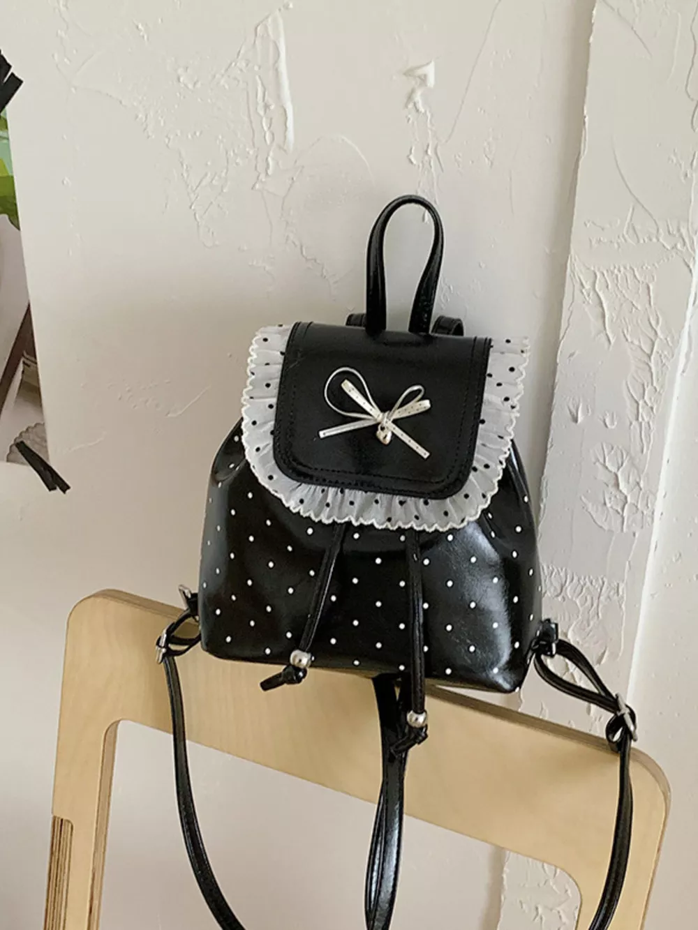 Polka Dot Lace Trim Bowknot Mini Backpack Bag, image 4