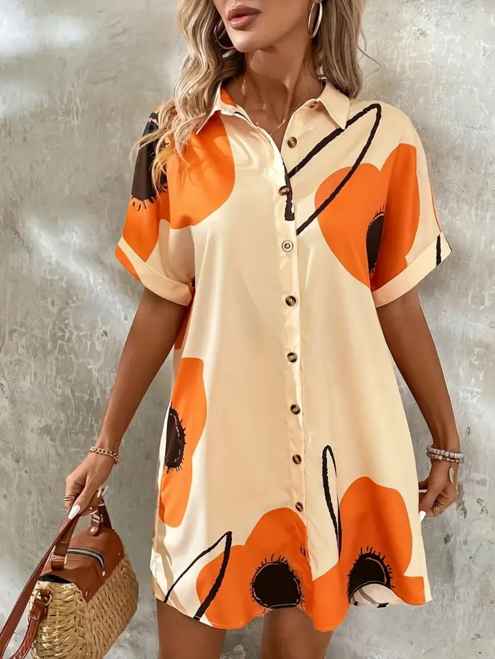 Printed Button-Front Shirt Dress, image 4