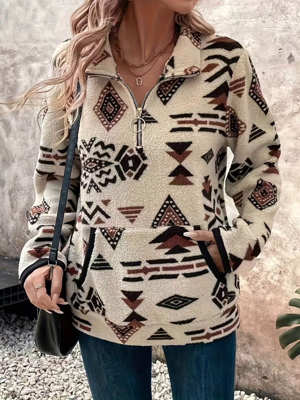 Geometric Half Zip Long Sleeve Sweatshirt, image 2