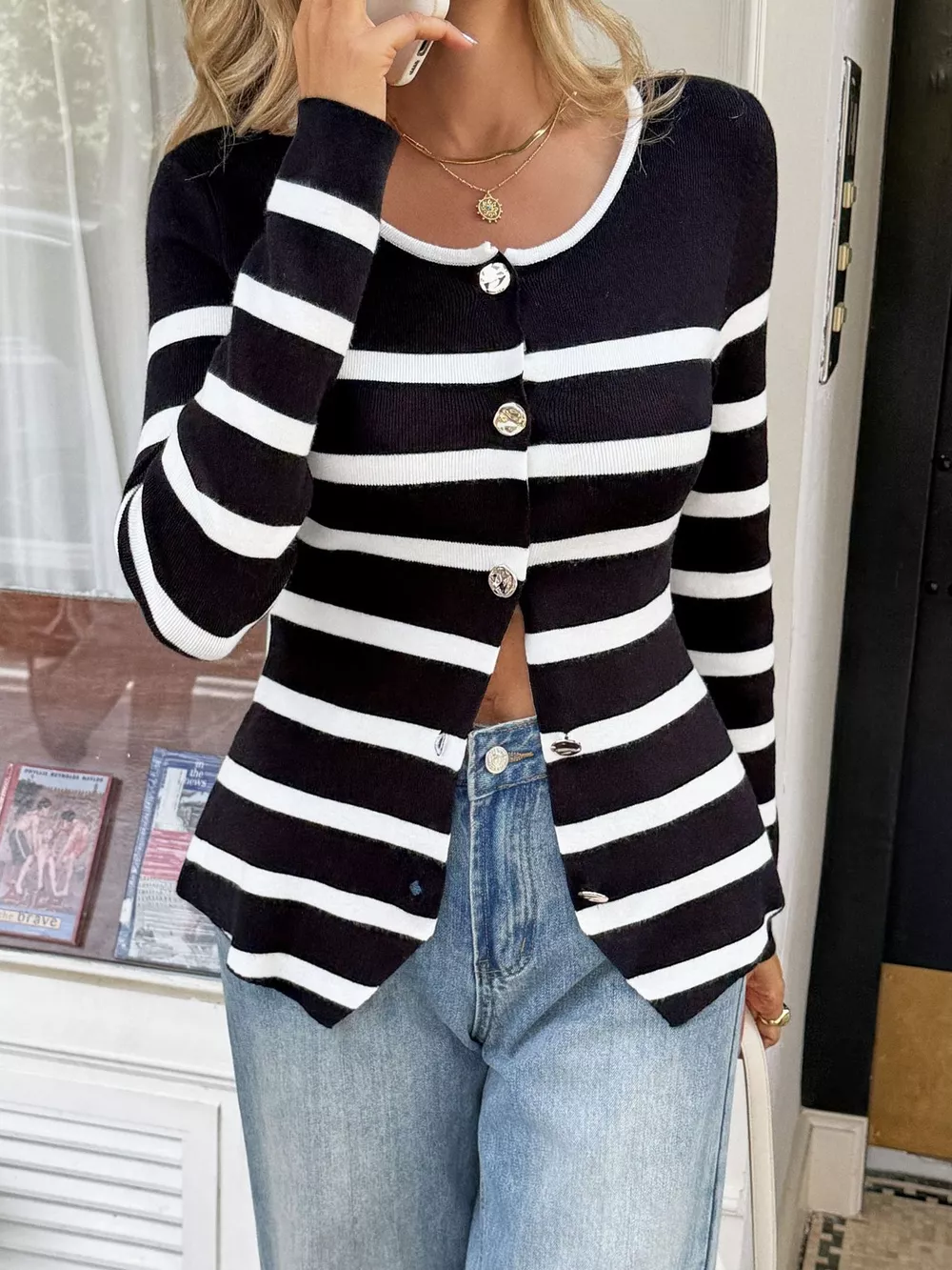 Striped Button-Up Knit Cardigan, image 6
