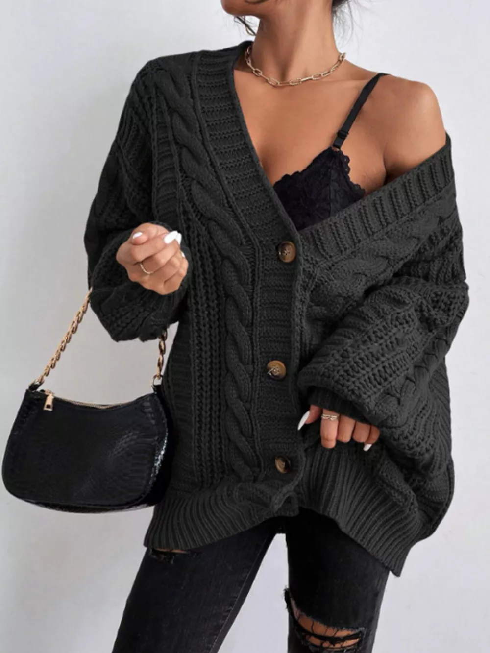 Cable Knit V-Neck Button-Down Cardigan, image 5