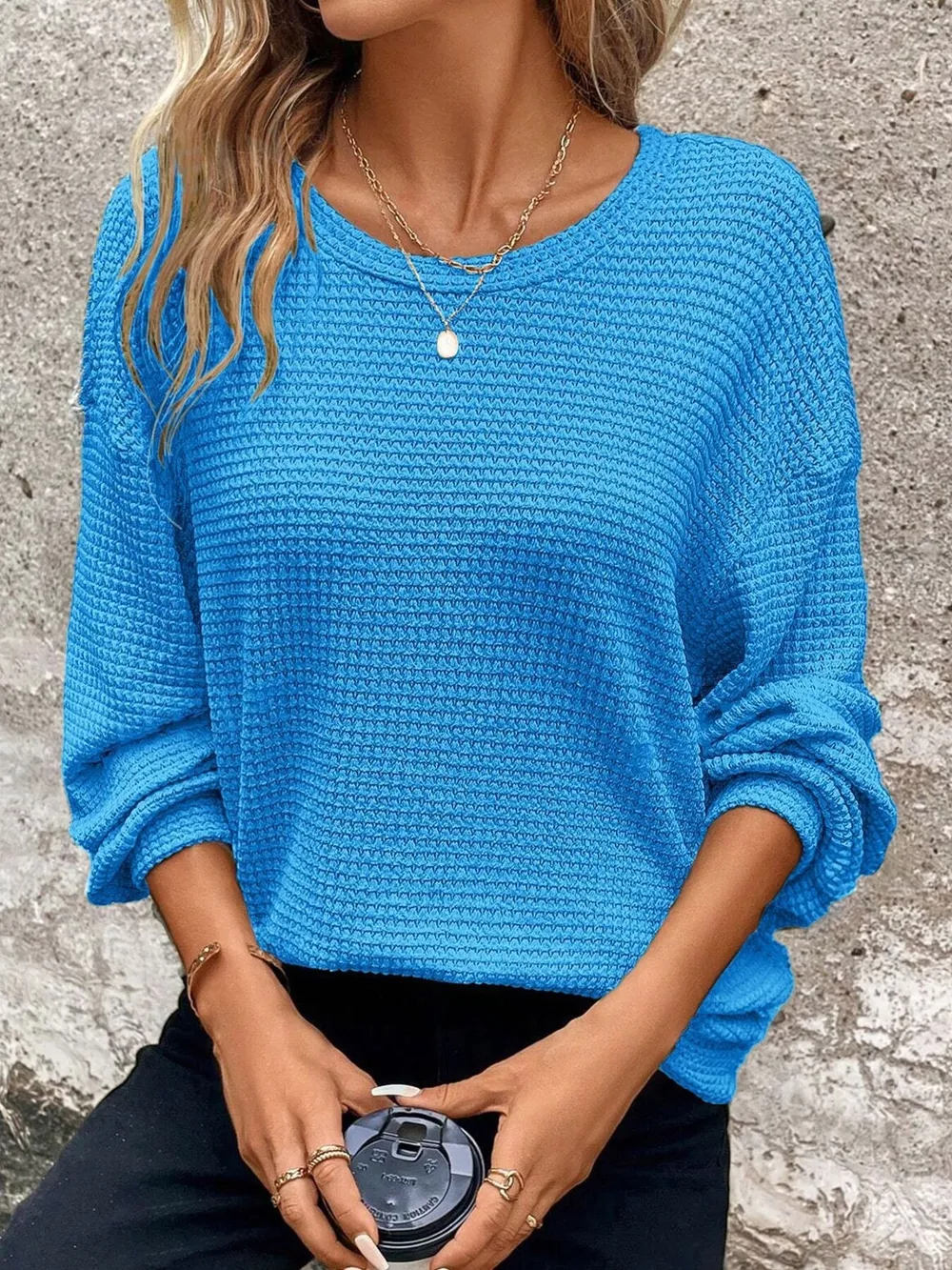 Plus Size Relaxed Fit Waffle Knit Round Neck T-Shirt, image 2