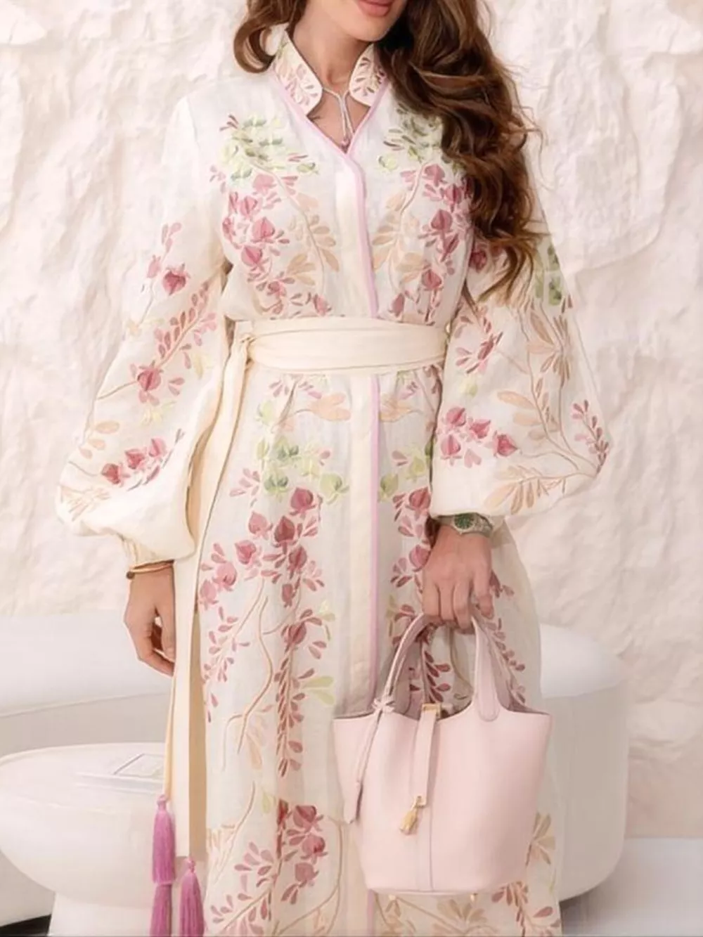 Floral Tie Waist Long-Sleeve Maxi Dress, image 2