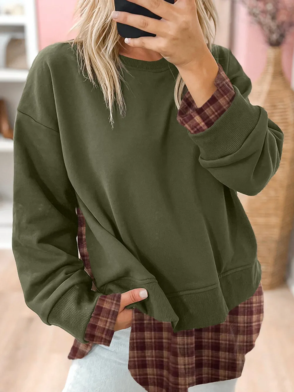 Plaid Patchwork Drop Shoulder Sweatshirt, image 7