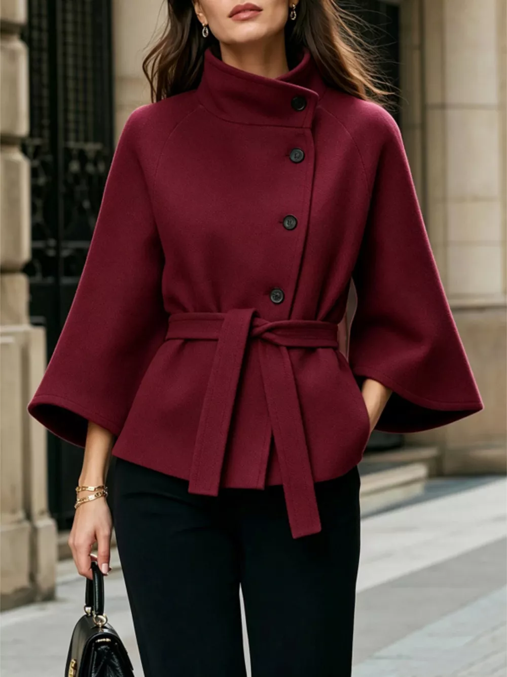 Button Down Cape Coat with Belted Waist, image 10