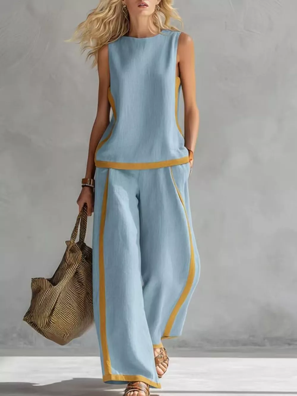 Full Size Contrast Stripe Sleeveless Top & Wide-Leg Pants Set Plus Size, image 6