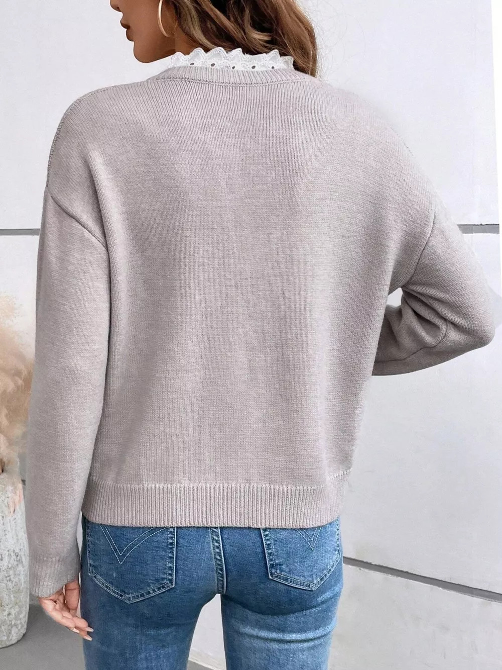 Lace Trim Notched Long Sleeve Sweater, image 4