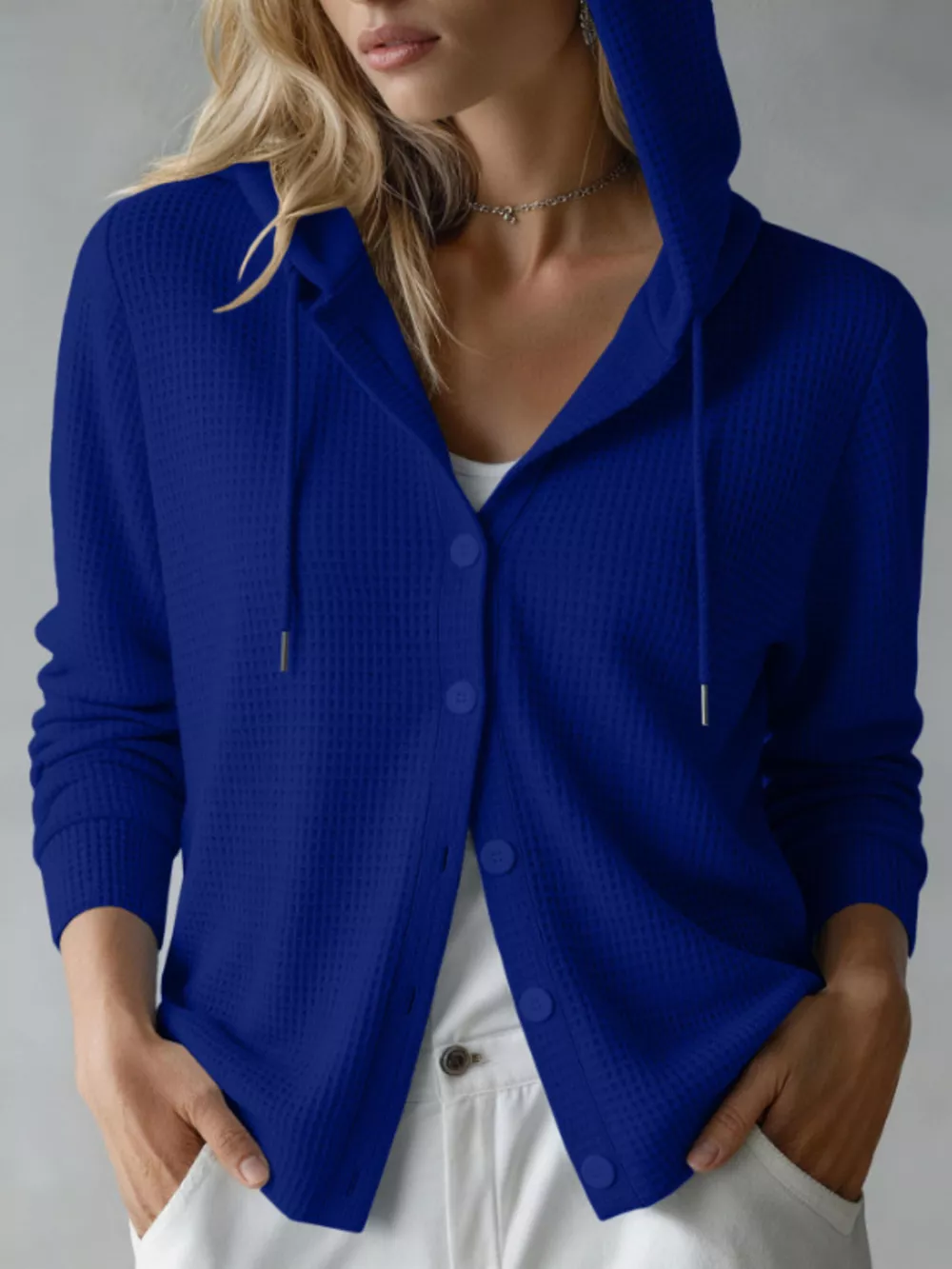 Waffle Knit Button-Down Hooded Cardigan, image 7
