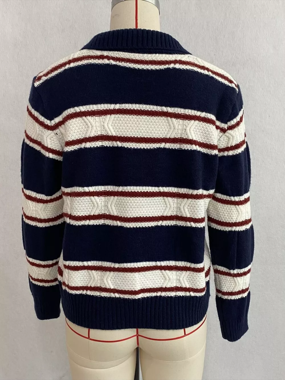 Vintage-Inspired Striped Knit Cardigan with Polo Collar, image 6