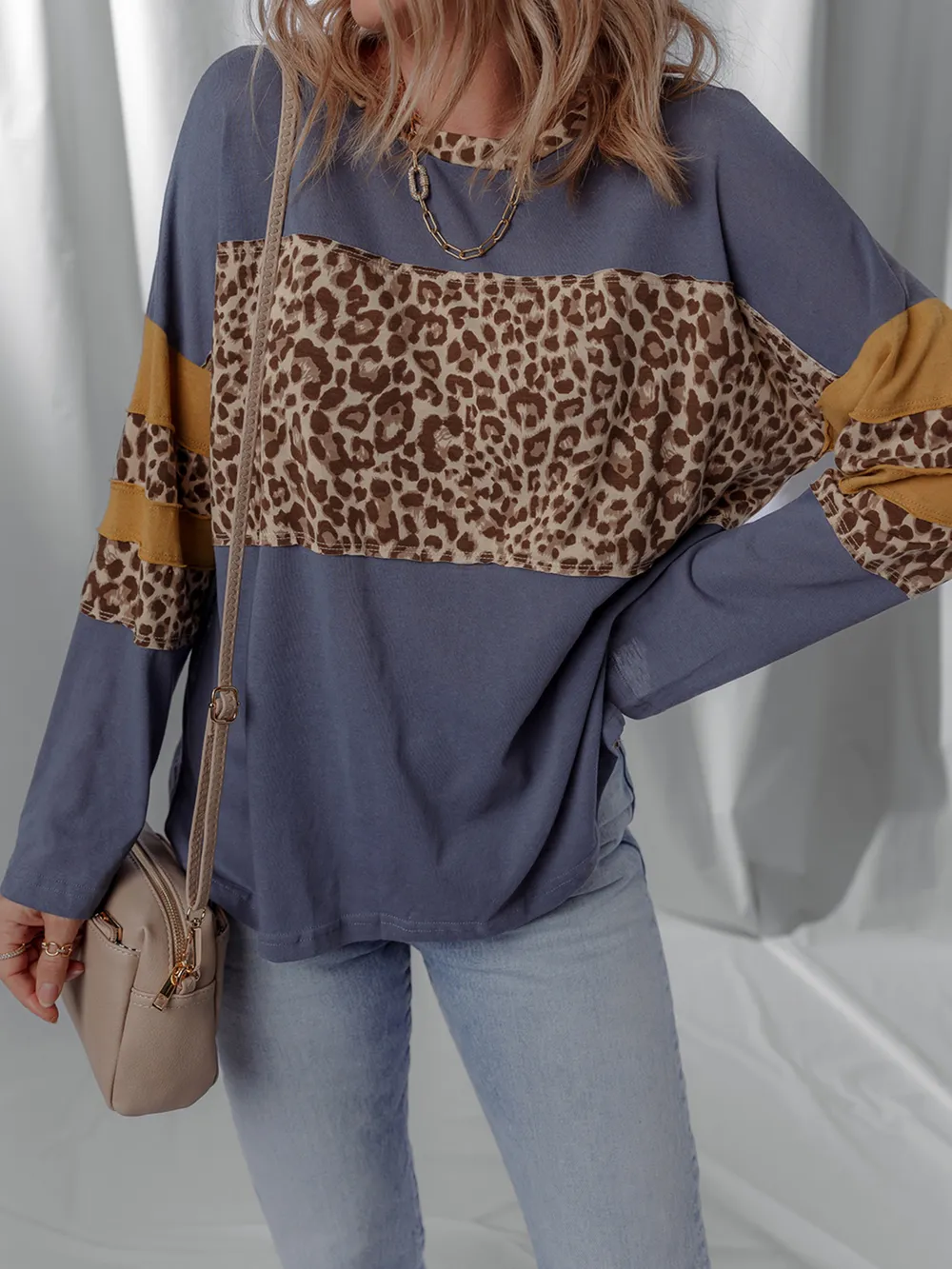Leopard Color Block Long Sleeve Drop Shoulder Top, image 7