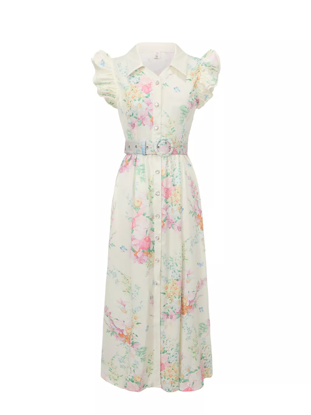 Floral Print Ruffle Sleeve Midi Dress