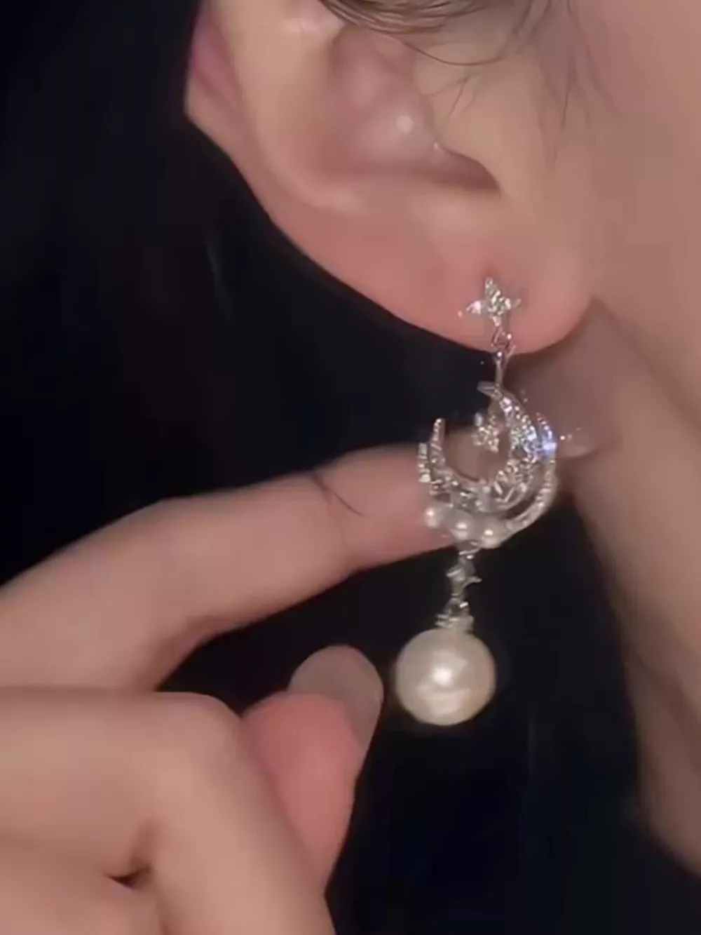 Moon & Star Pearl Dangle Earrings, image 5