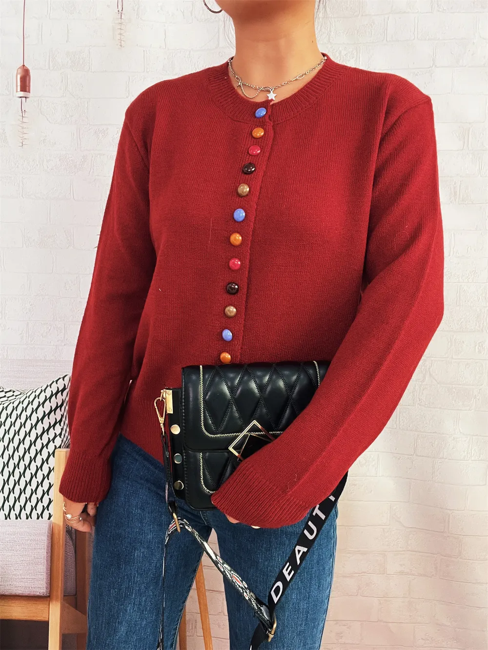 Button-Front Cardigan with Colorful Detail Buttons, image 22