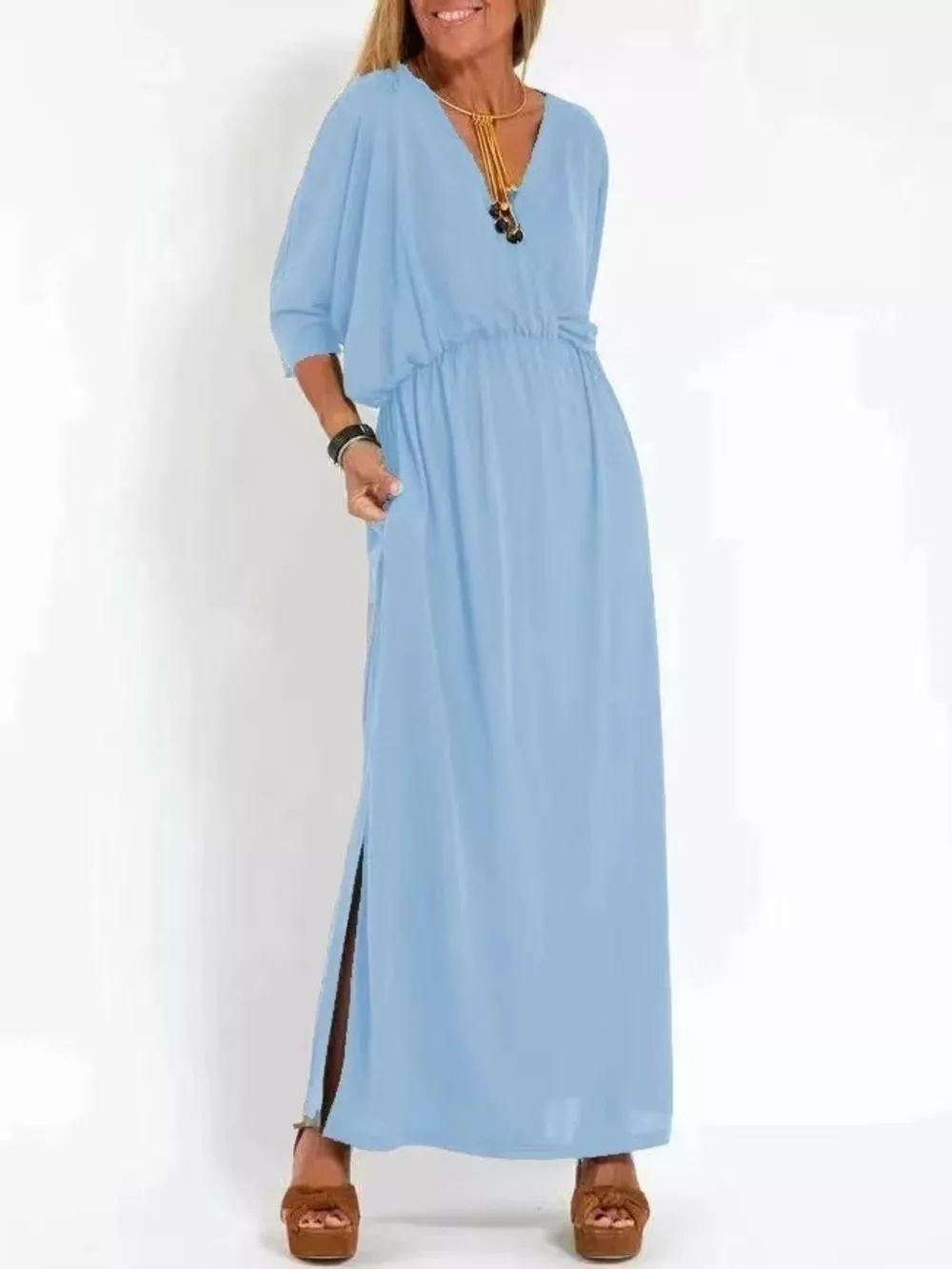 Full Size V-Neck Batwing Sleeve Maxi Dress with Side Slits Plus Size, image 17