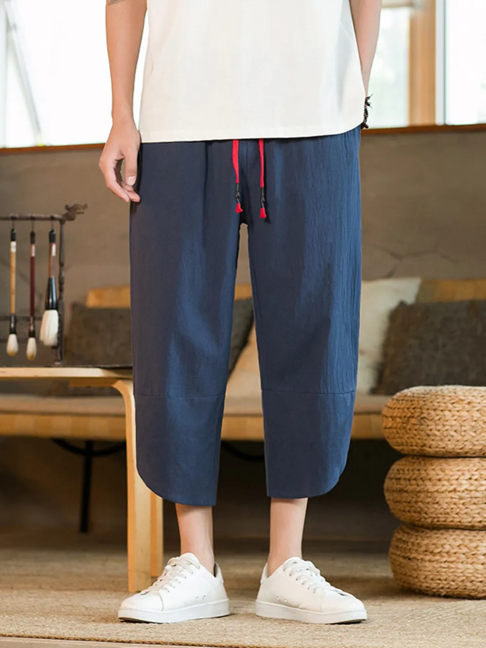 Men's Plus Size Casual Linen Cropped Pants with Drawstring, image 2
