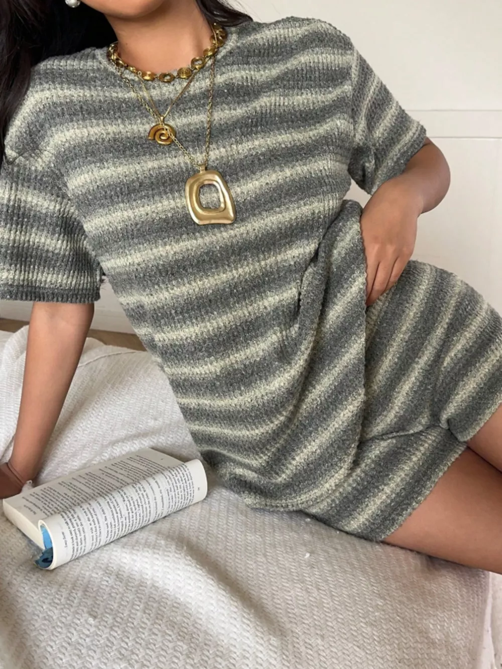 Striped Textured Knit Top and Shorts Set, image 4