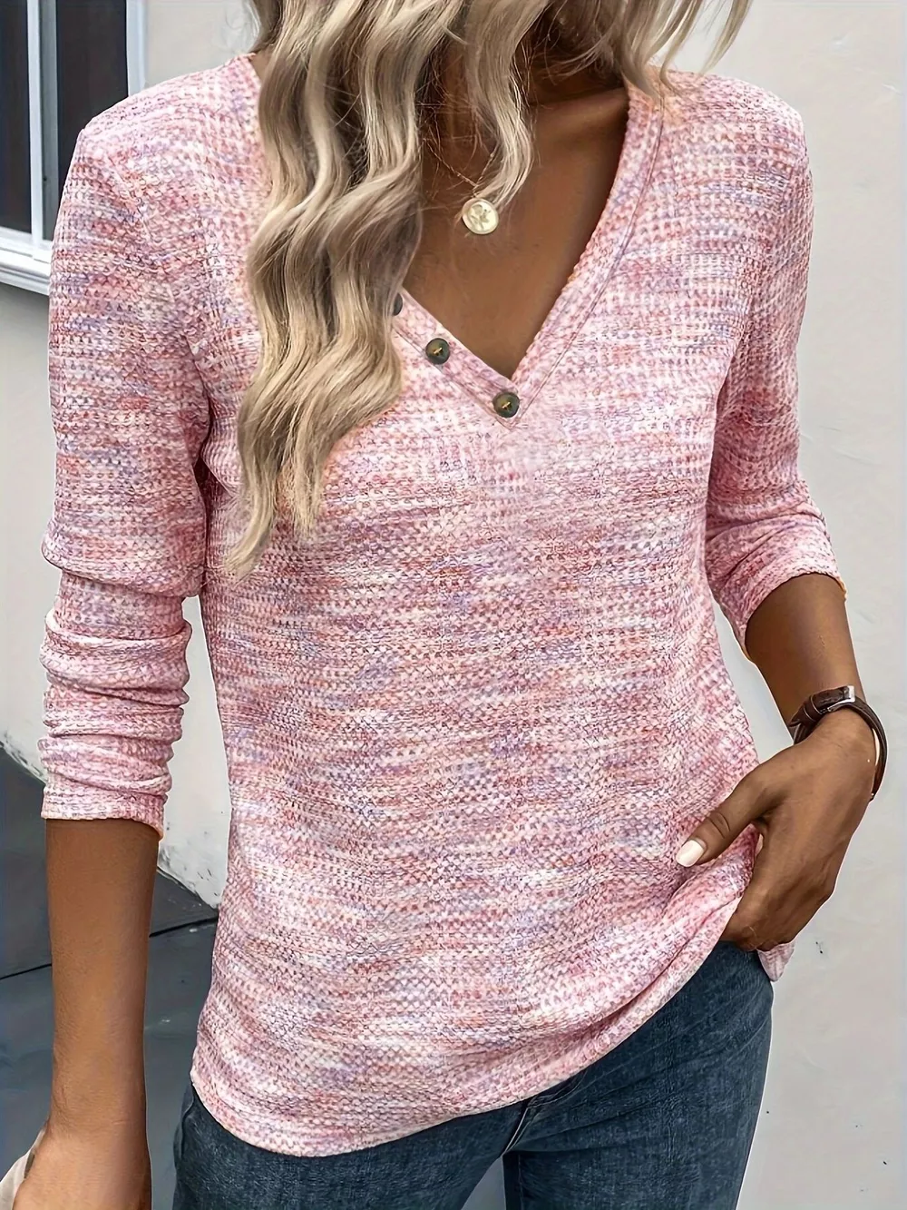 Decor Button V-Neck Long Sleeve Top, image 7