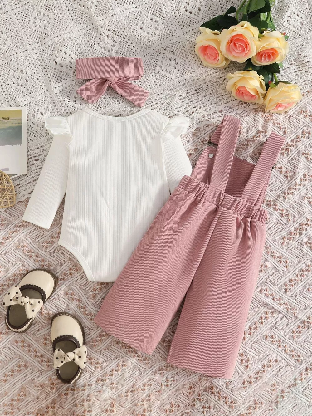 Children's Ribbed Bodysuit and Bow-Embroidered Overall Set with Headband, image 6