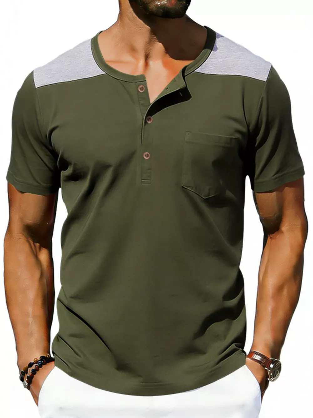 Men's Full Size Casual Henley T-Shirt with Pocket Plus Size, image 2