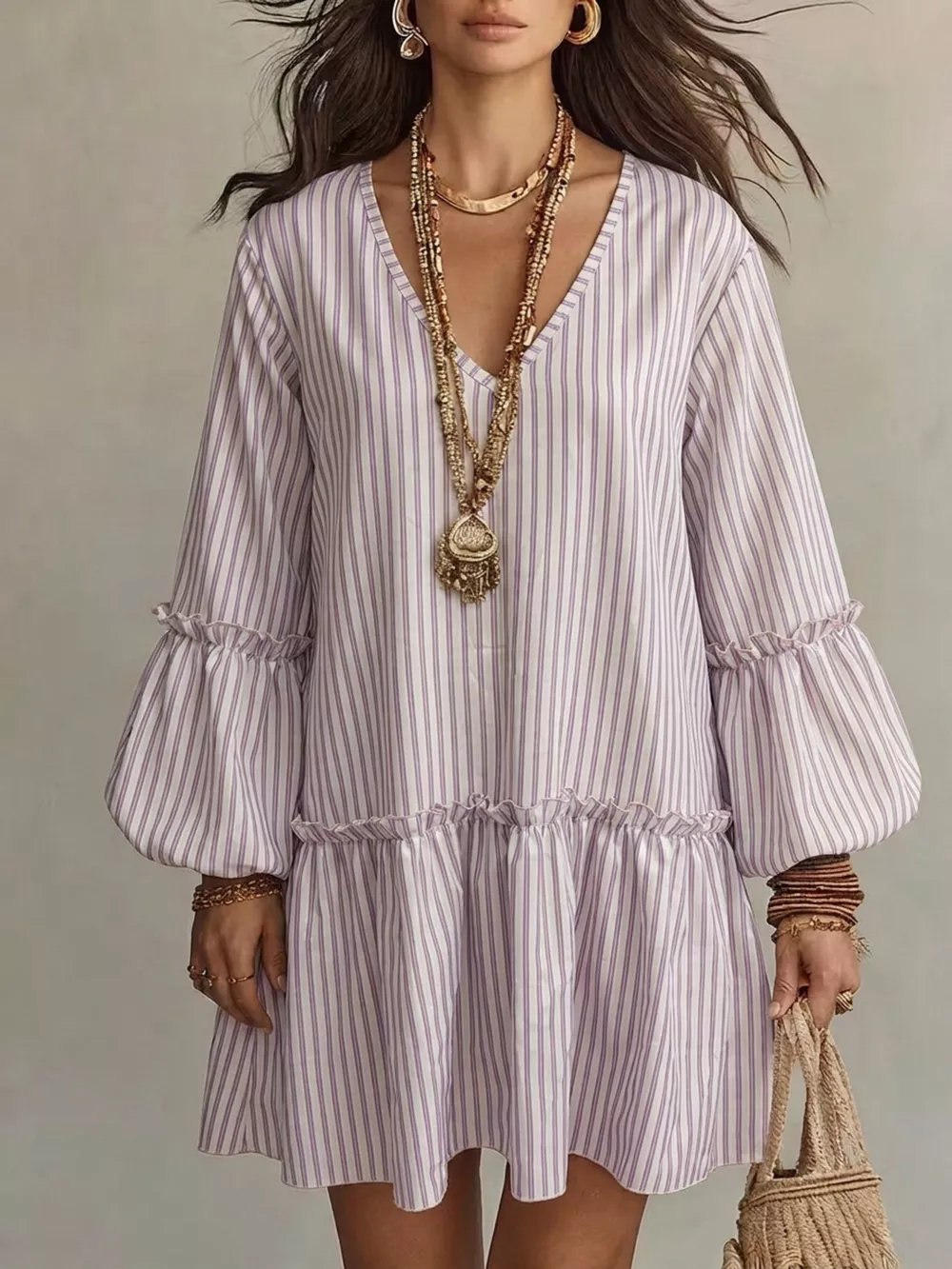 Full Size Striped Balloon Sleeve Mini Dress Plus Size, image 7
