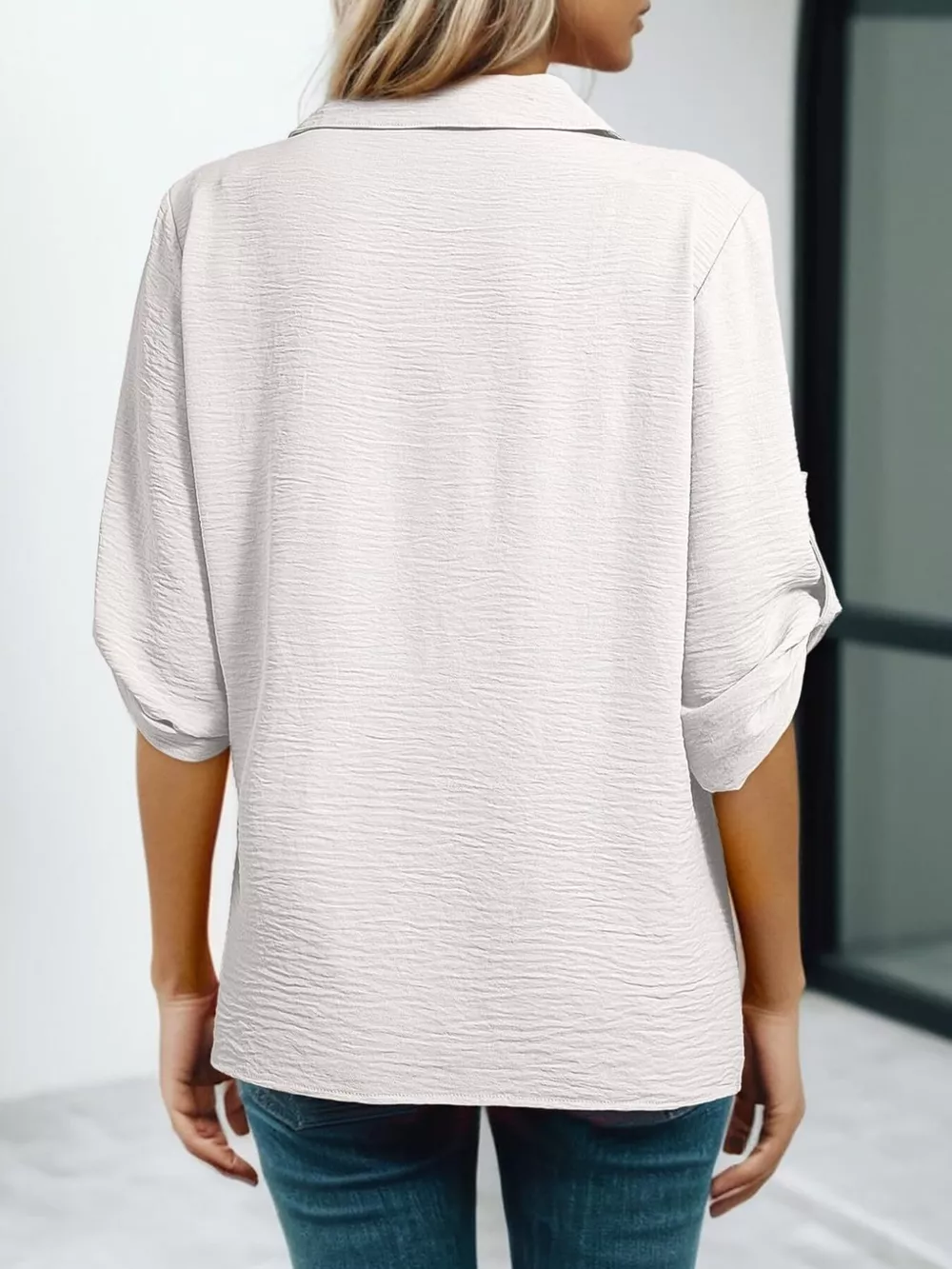 Johnny Collar Roll-Up Sleeve Blouse, image 6