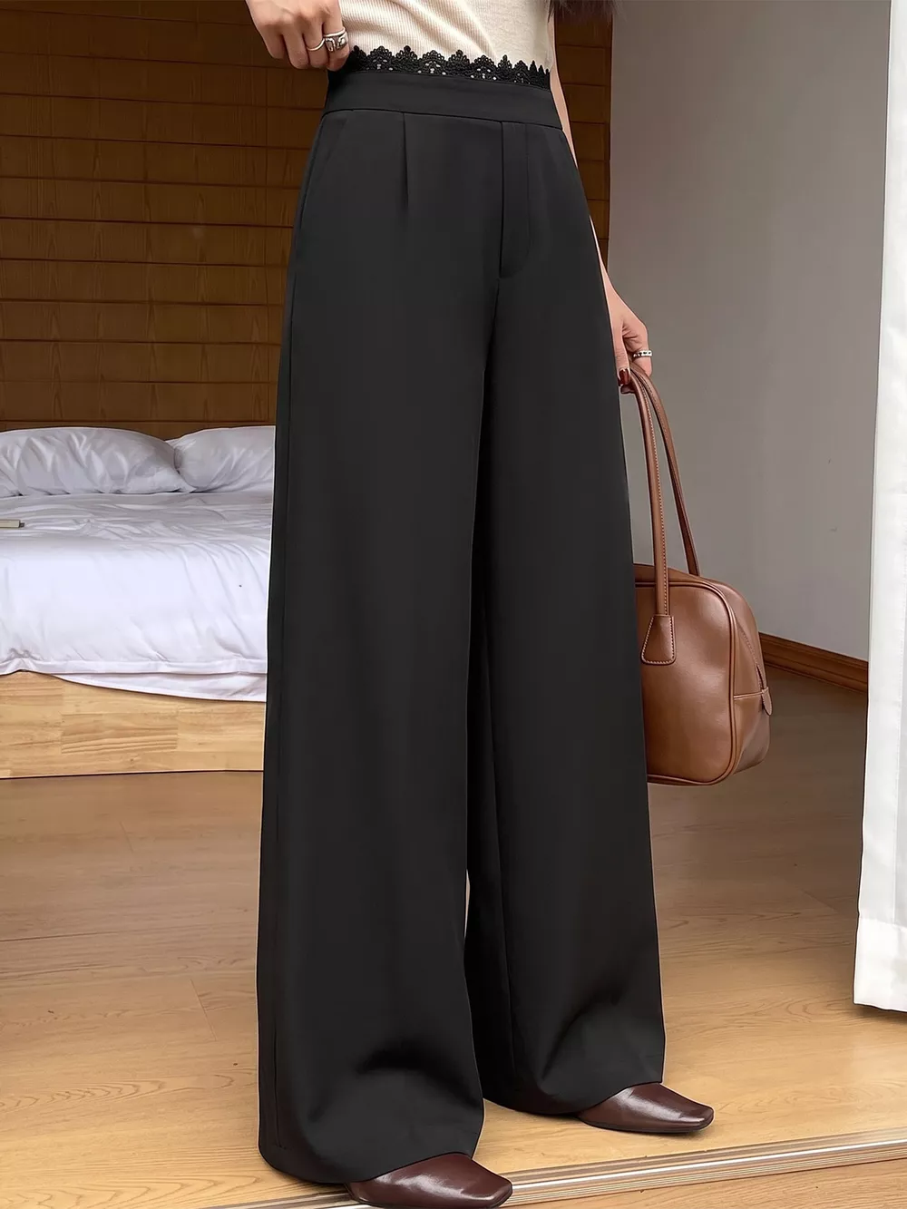 High-Waisted Wide-Leg Lace-Trimmed Pants, image 4