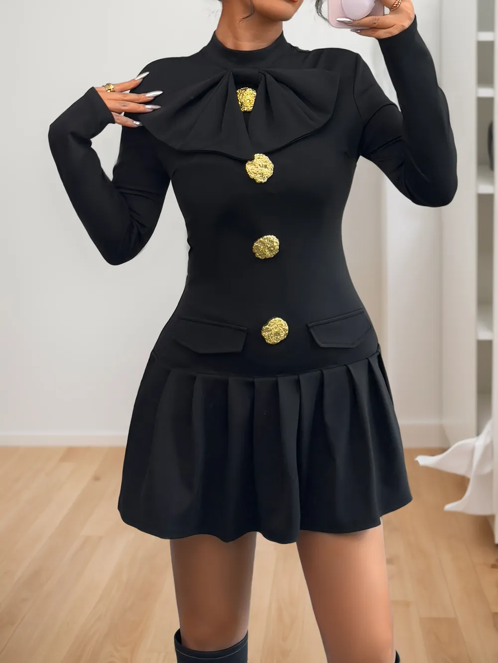 Decorative Button Mock Neck Long Sleeve Mini Dress, image 8