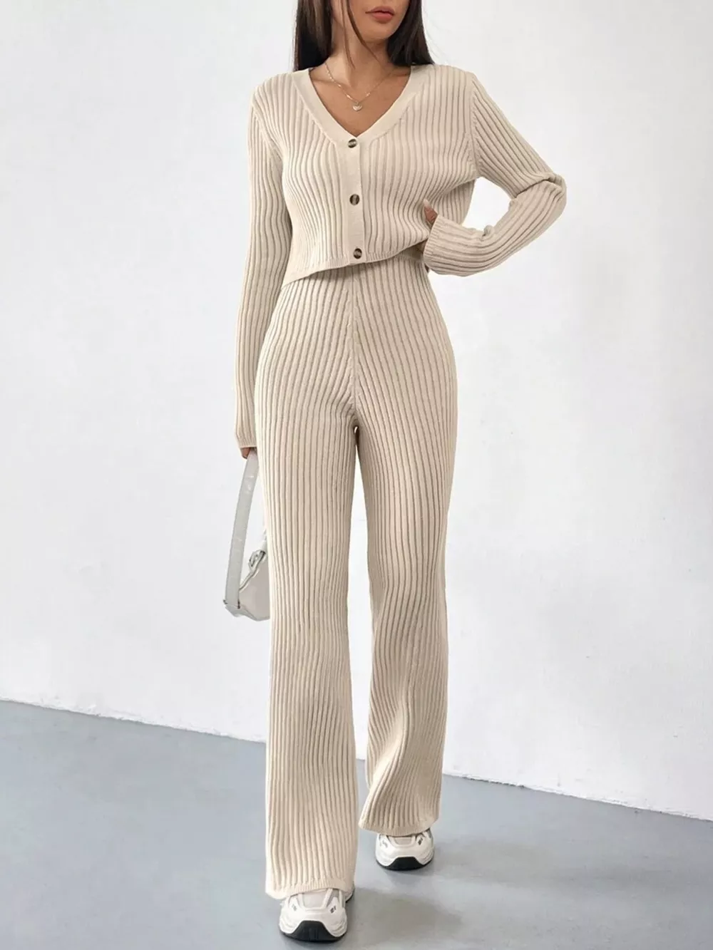 Ribbed Knit Button Up Top and Pants Set, image 2