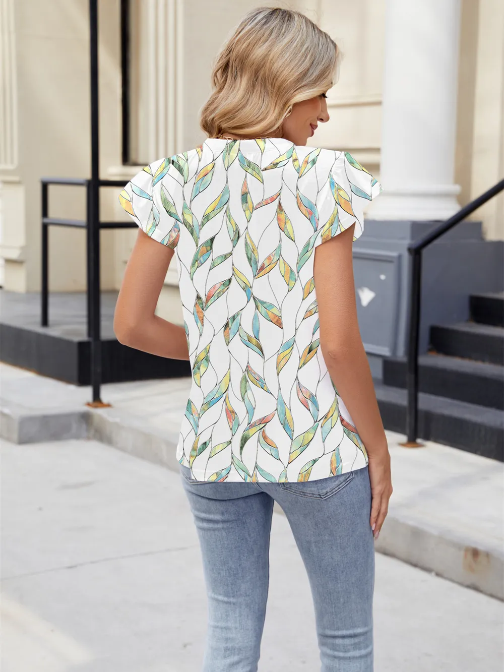 Floral Print V-Neck Cap Sleeve Casual Summer Blouse, image 8