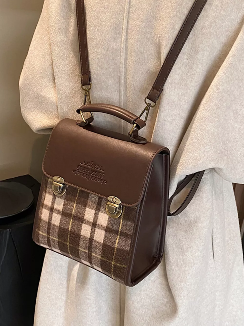 Vintage Plaid Flap Backpack Bag, image 2