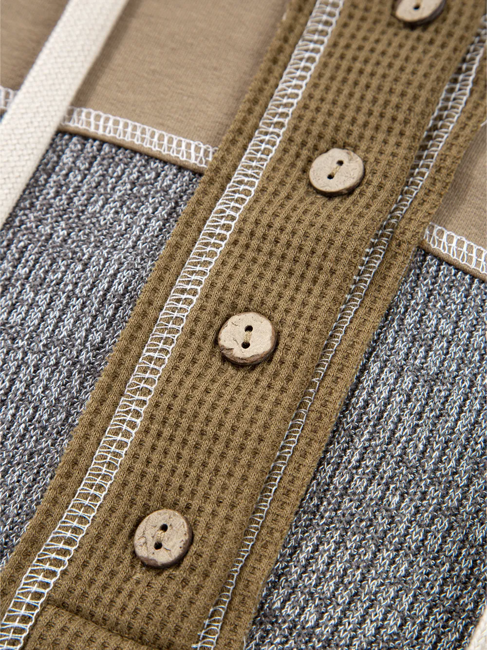 Mixed Texture Patchwork Exposed Seam Half Button Hoodie, image 9