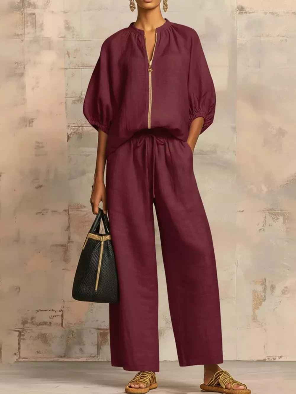 Full Size Zip-Front Top and Wide-Leg Pants Set Plus Size, image 13