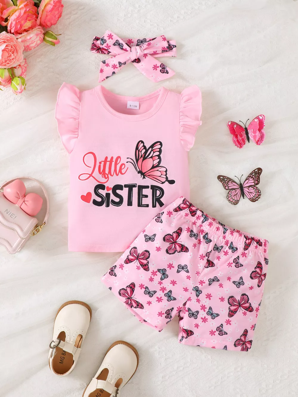 Children's Ruffled Butterfly T-Shirt and Shorts Set with Headband, image 2