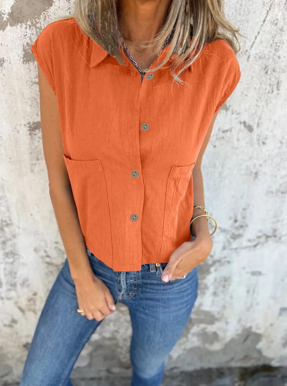Full Size Button Down Cap Sleeve Linen Shirt Plus Size, image 11