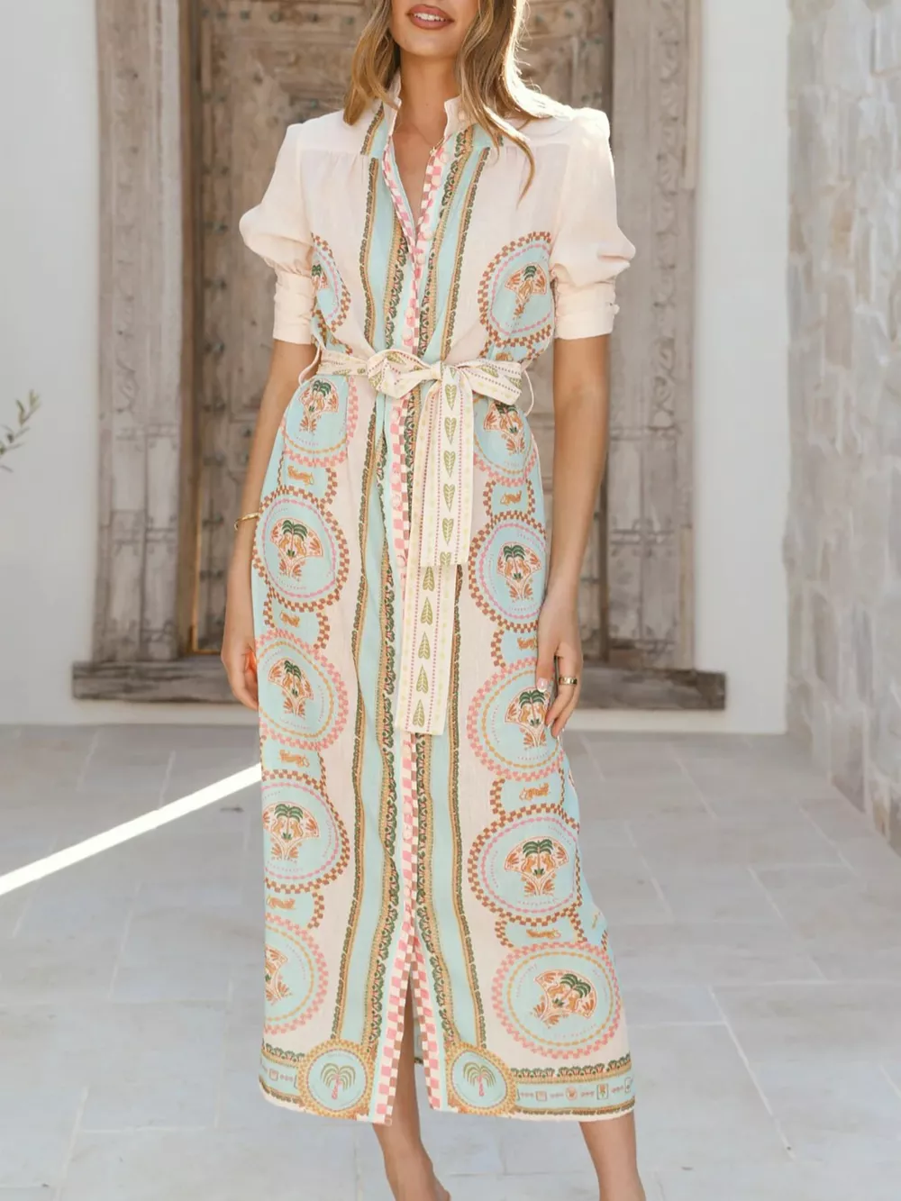 Printed Puff Sleeve Tie Waist Midi Dress, image 8