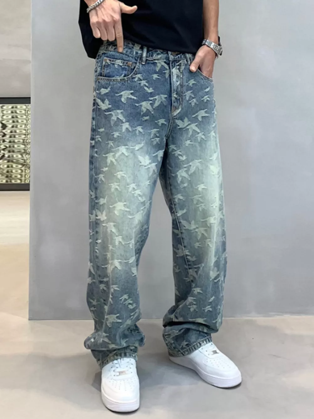 Men's Vintage Bird Print Loose Fit Jeans