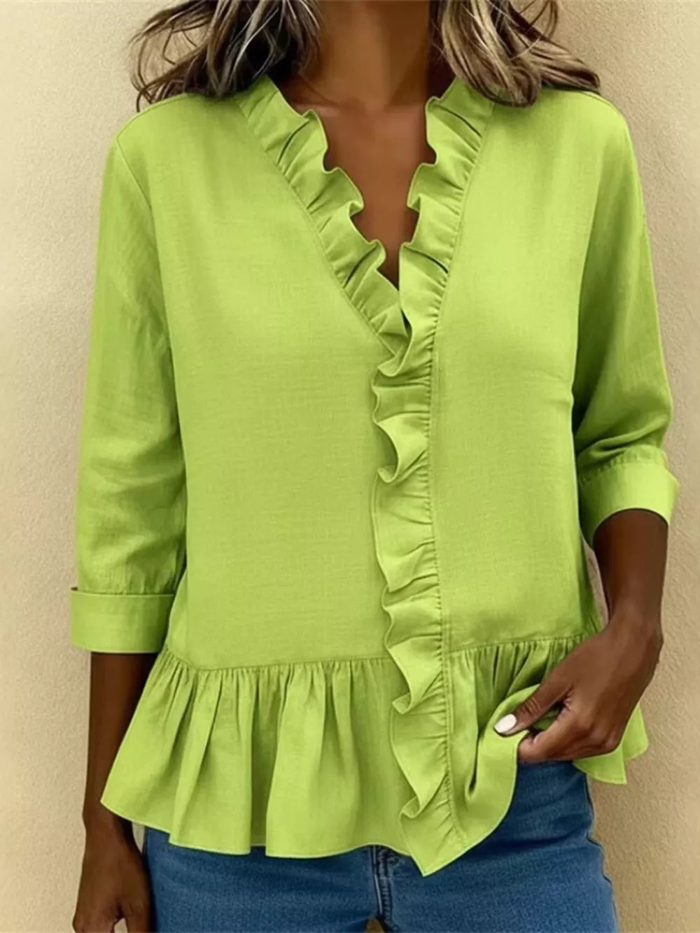 Full Size Ruffled V-Neck Long Sleeve Blouse Plus Size, image 10