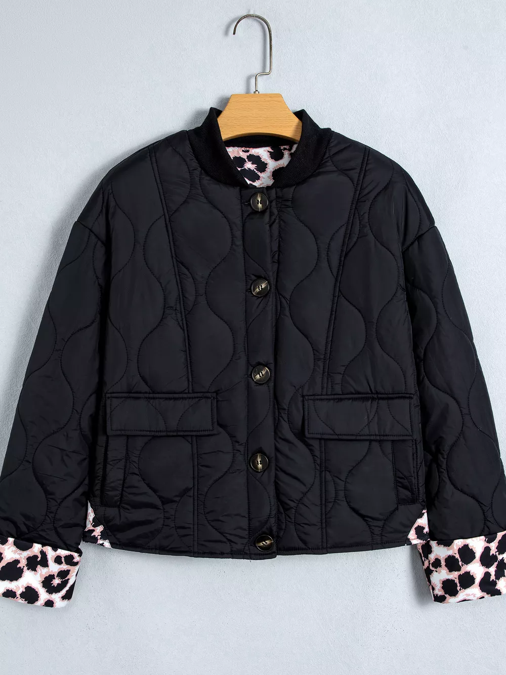 Quilted Leopard Cuff Button Down Puffer Jacket, image 2