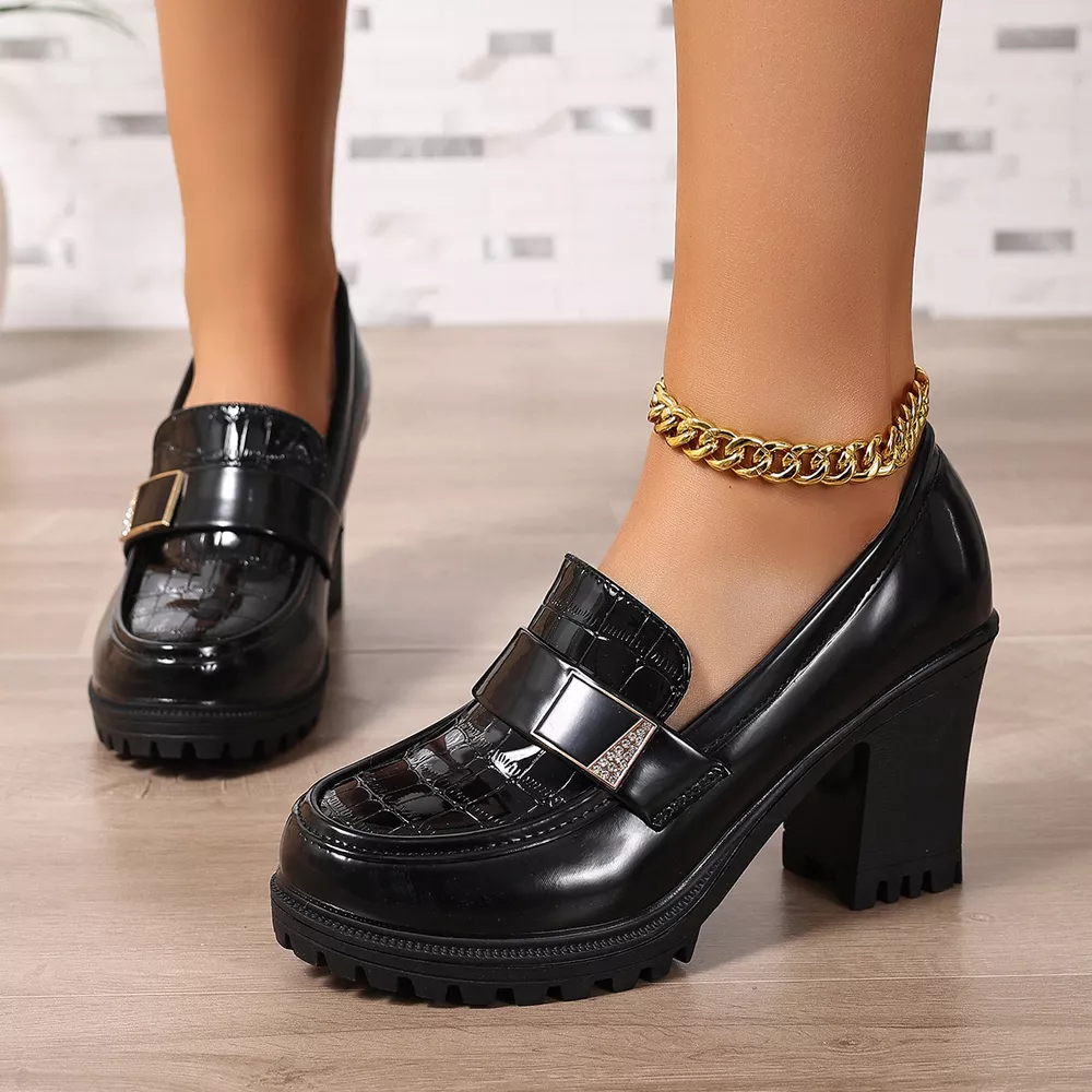 Chunky Heel Crocodile Pattern Patent Leather Loafers with Metal Buckle