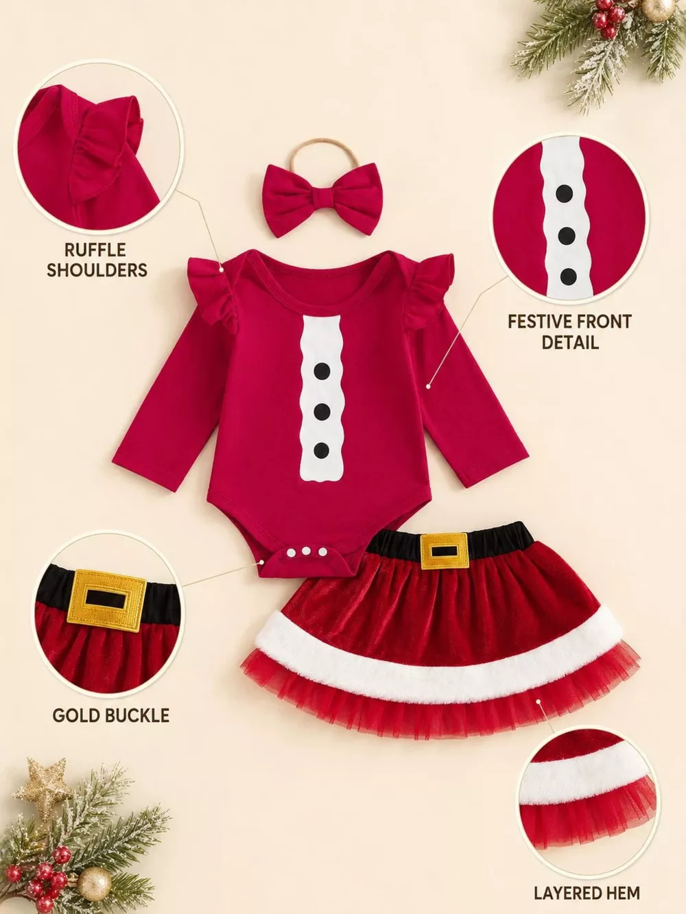 Children's Christmas Long Sleeve Bodysuit and Skirt Set with Bow Headband, image 3
