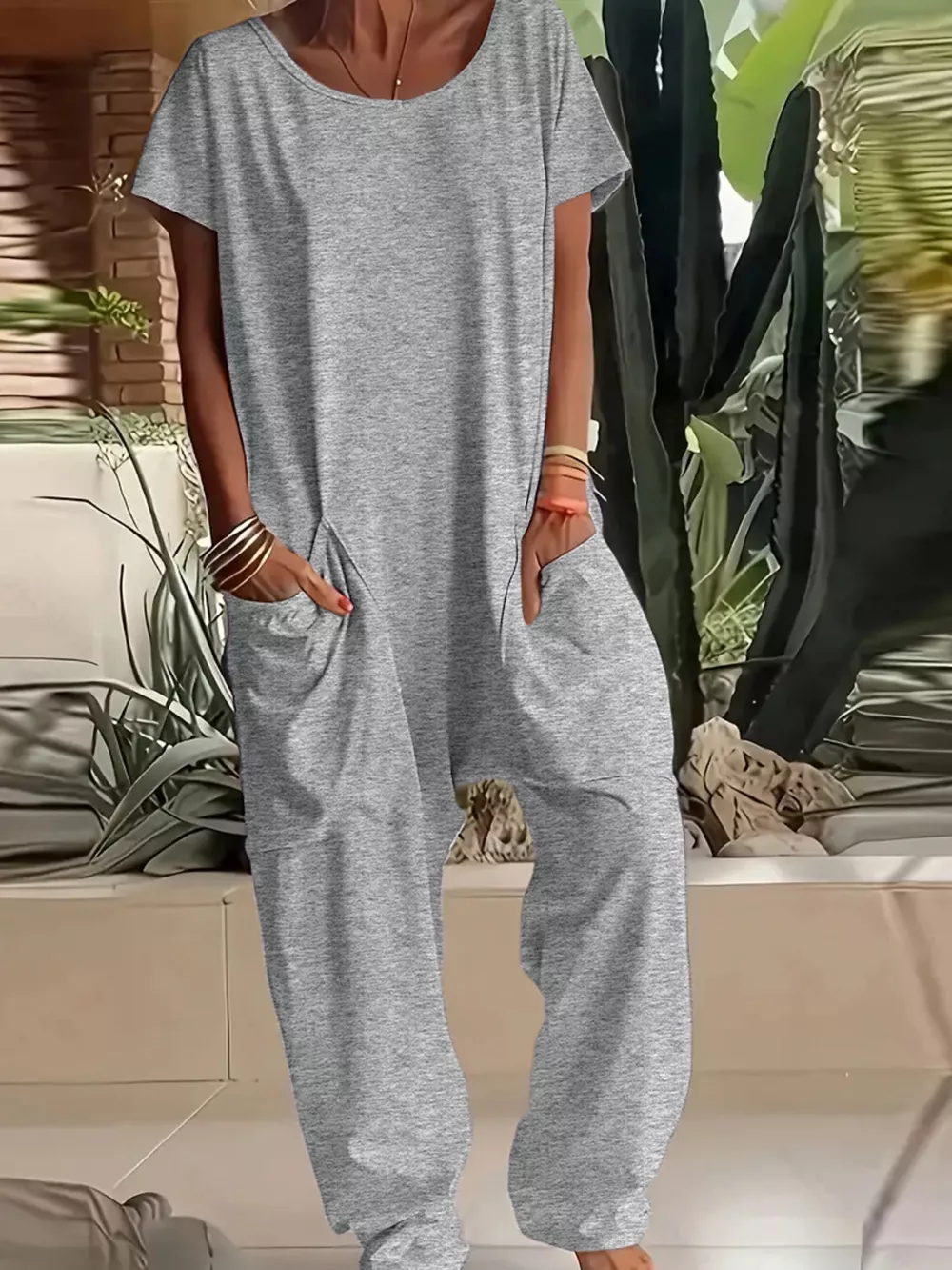 Full Size Loose Fit V-Neck Short Sleeve Wide Leg Jumpsuit Plus Size, image 7