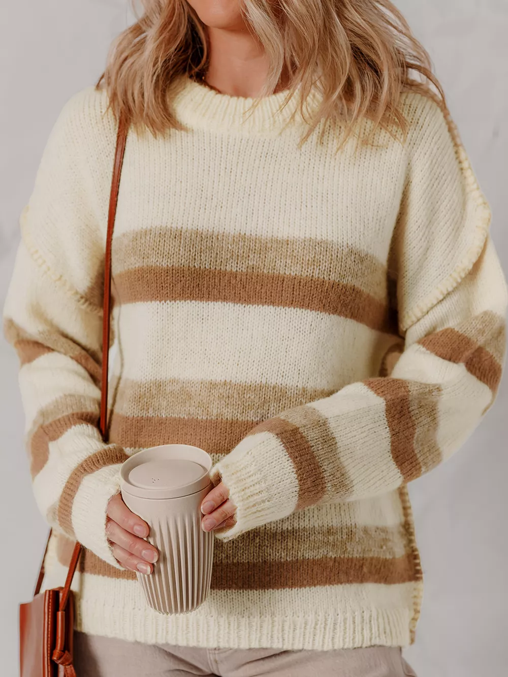 Stripe Exposed Seam Drop Shoulder Knit Baggy Sweater, image 4