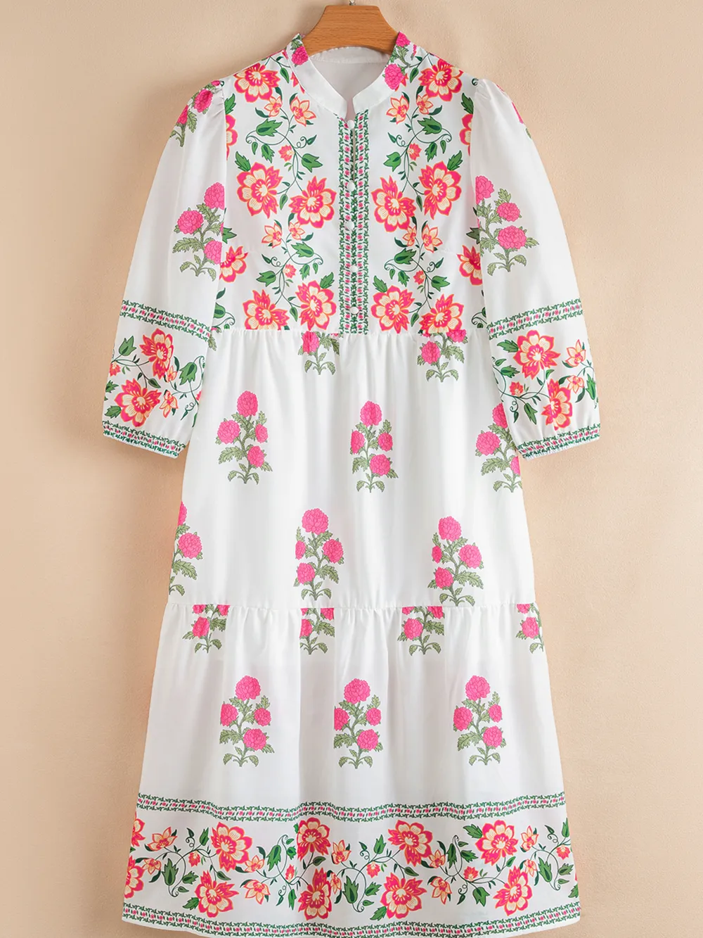 Floral Print Half Button Mandarin Neck 3/4 Sleeve Maxi Dress, image 7