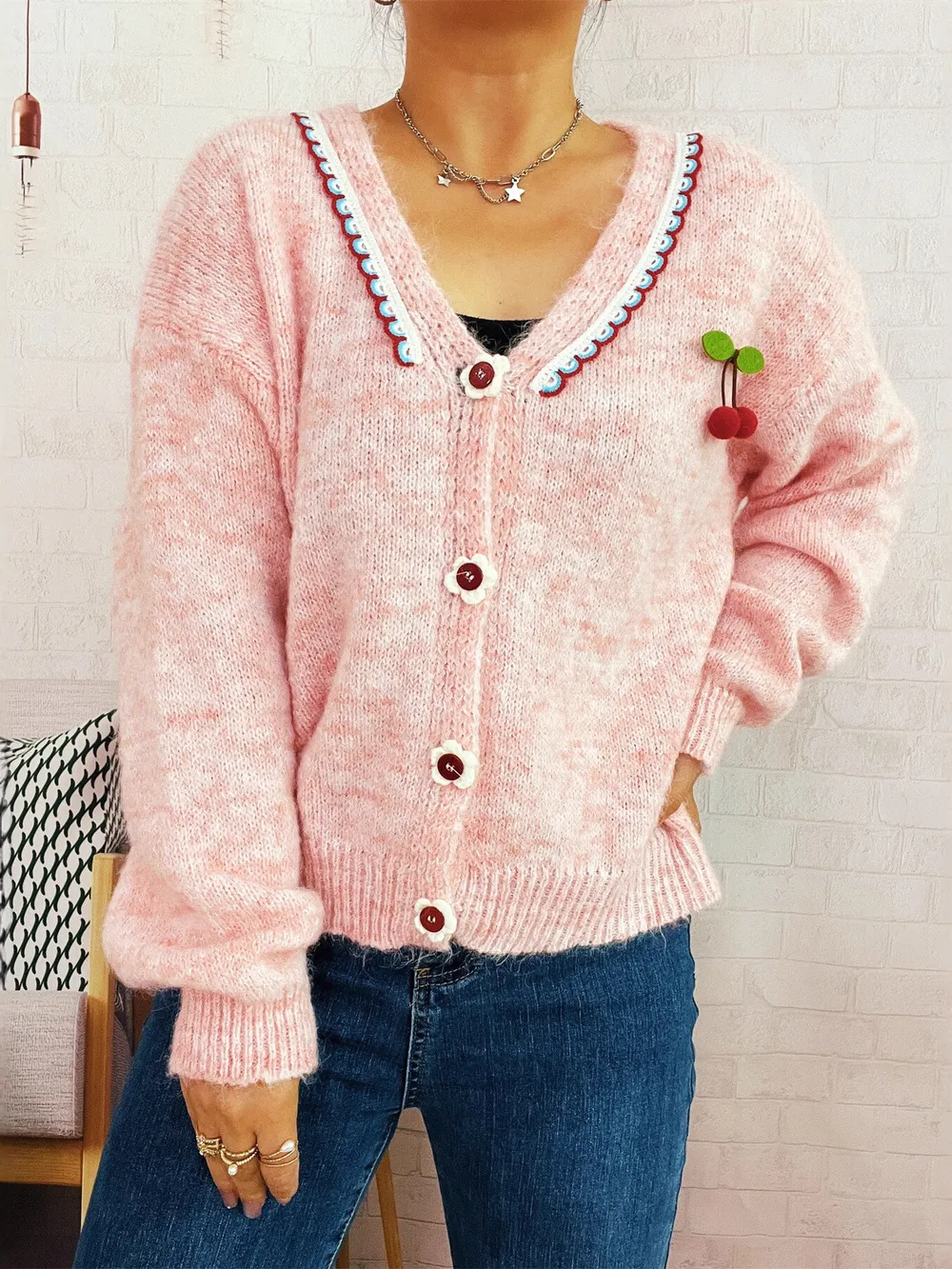 Cherry Button-Front Long Sleeve Cardigan, image 4