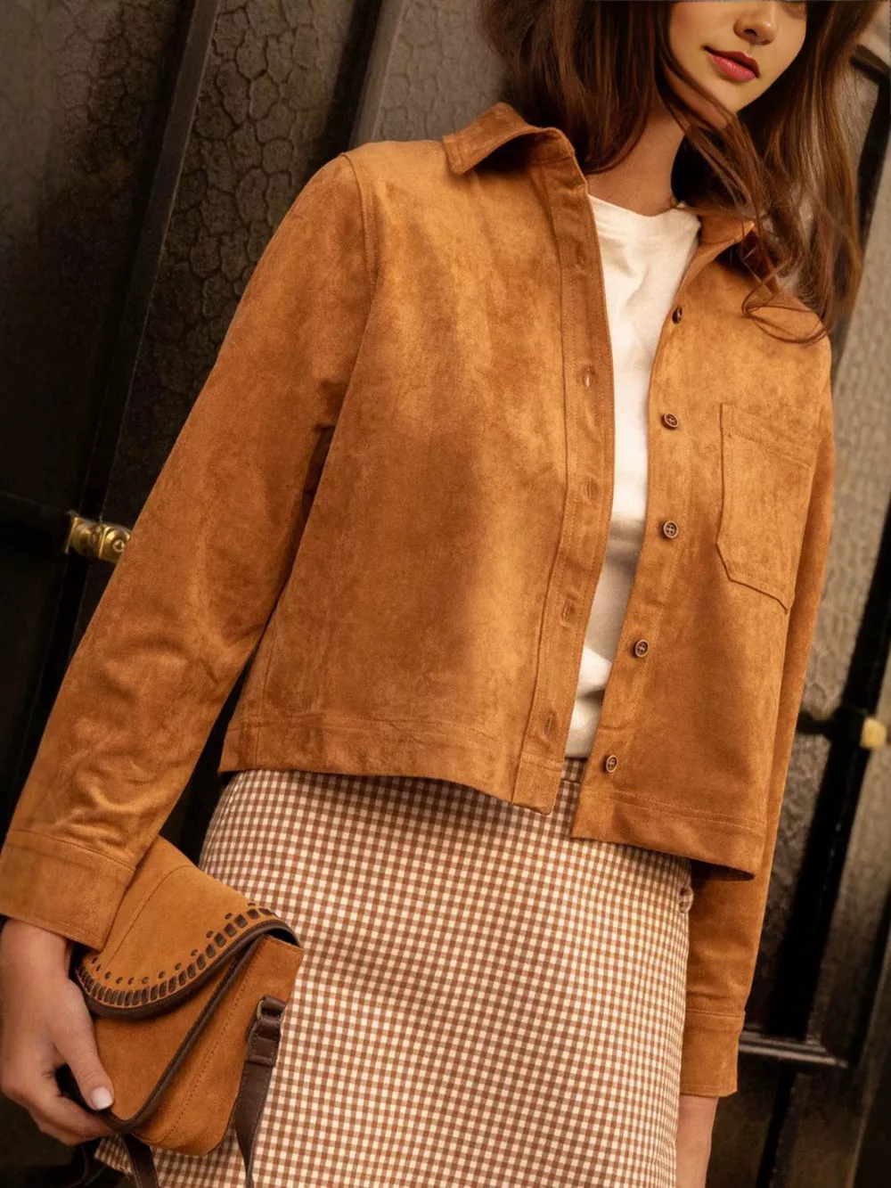 Cropped Faux Suede Button-Down Jacket, image 2
