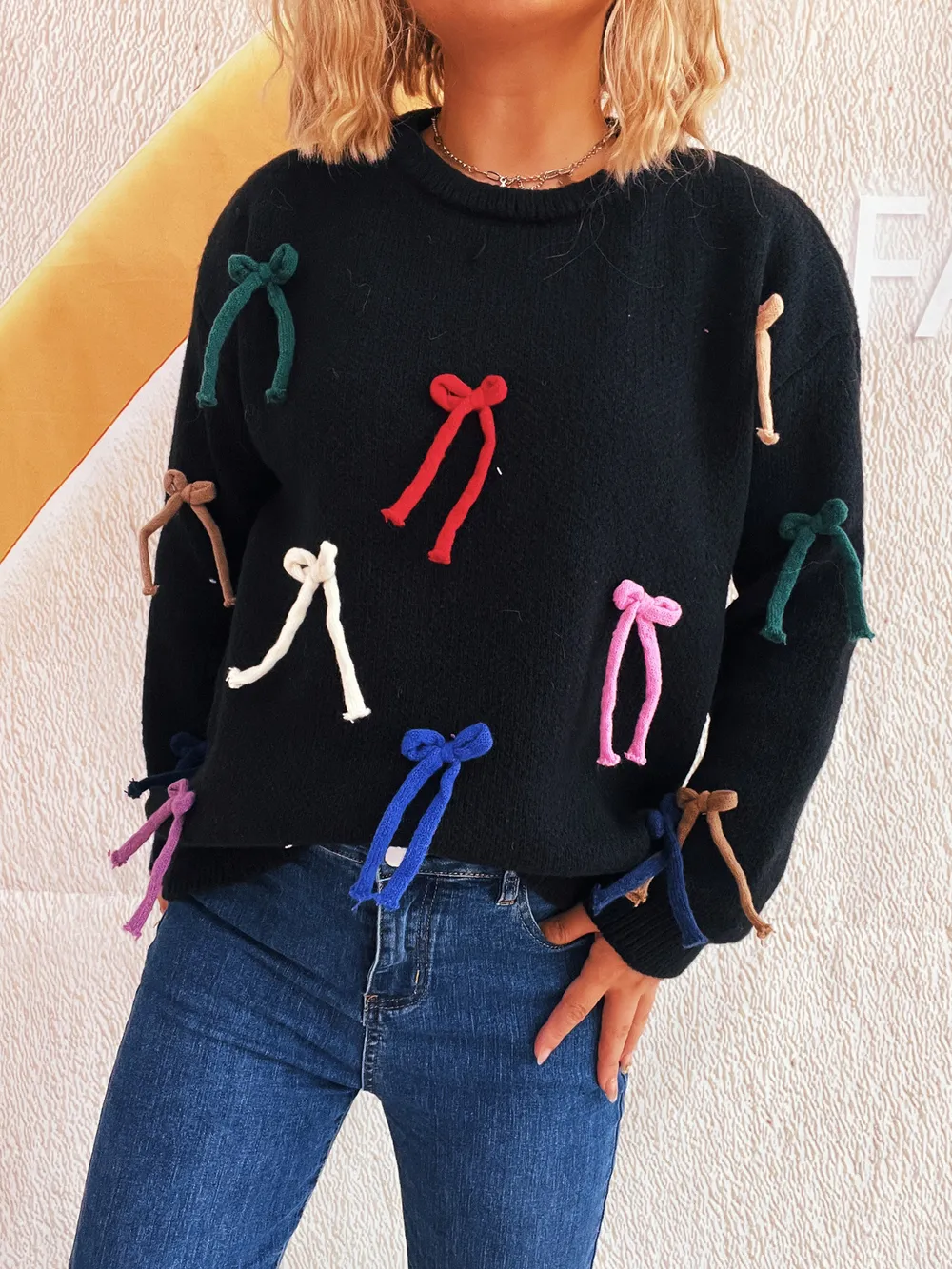 Colorful Bow Round Neck Sweater, image 2