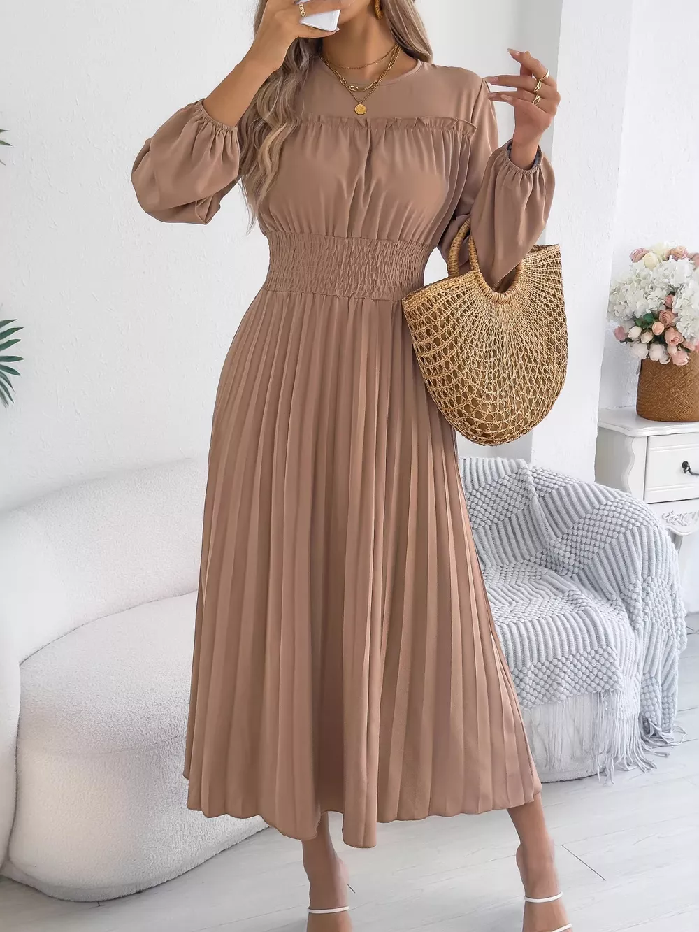 Smocked Pleated Long Sleeve Midi Dress, image 10