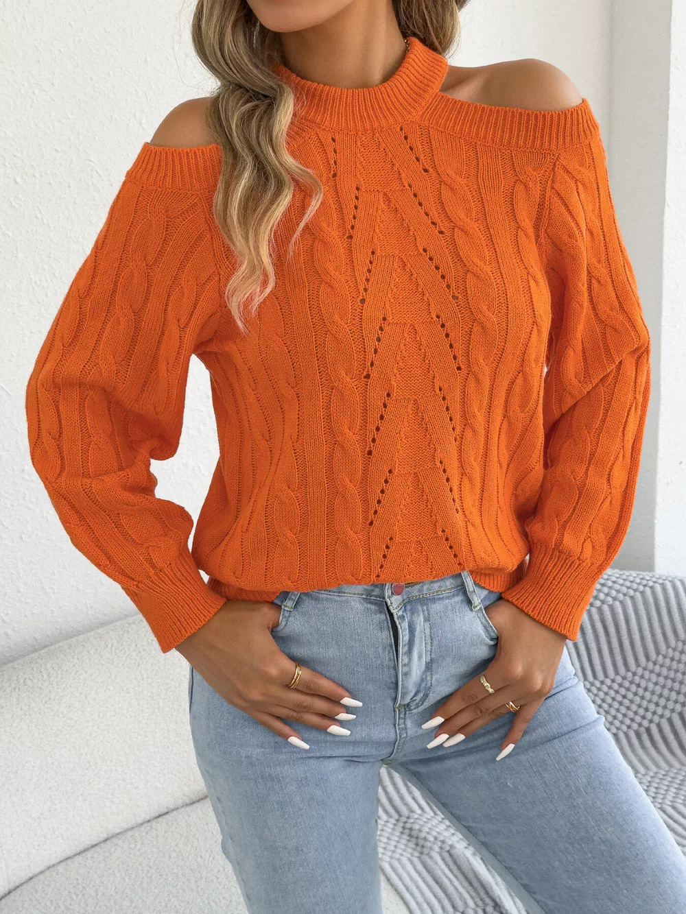 Cold Shoulder Cable Knit Sweater, image 4